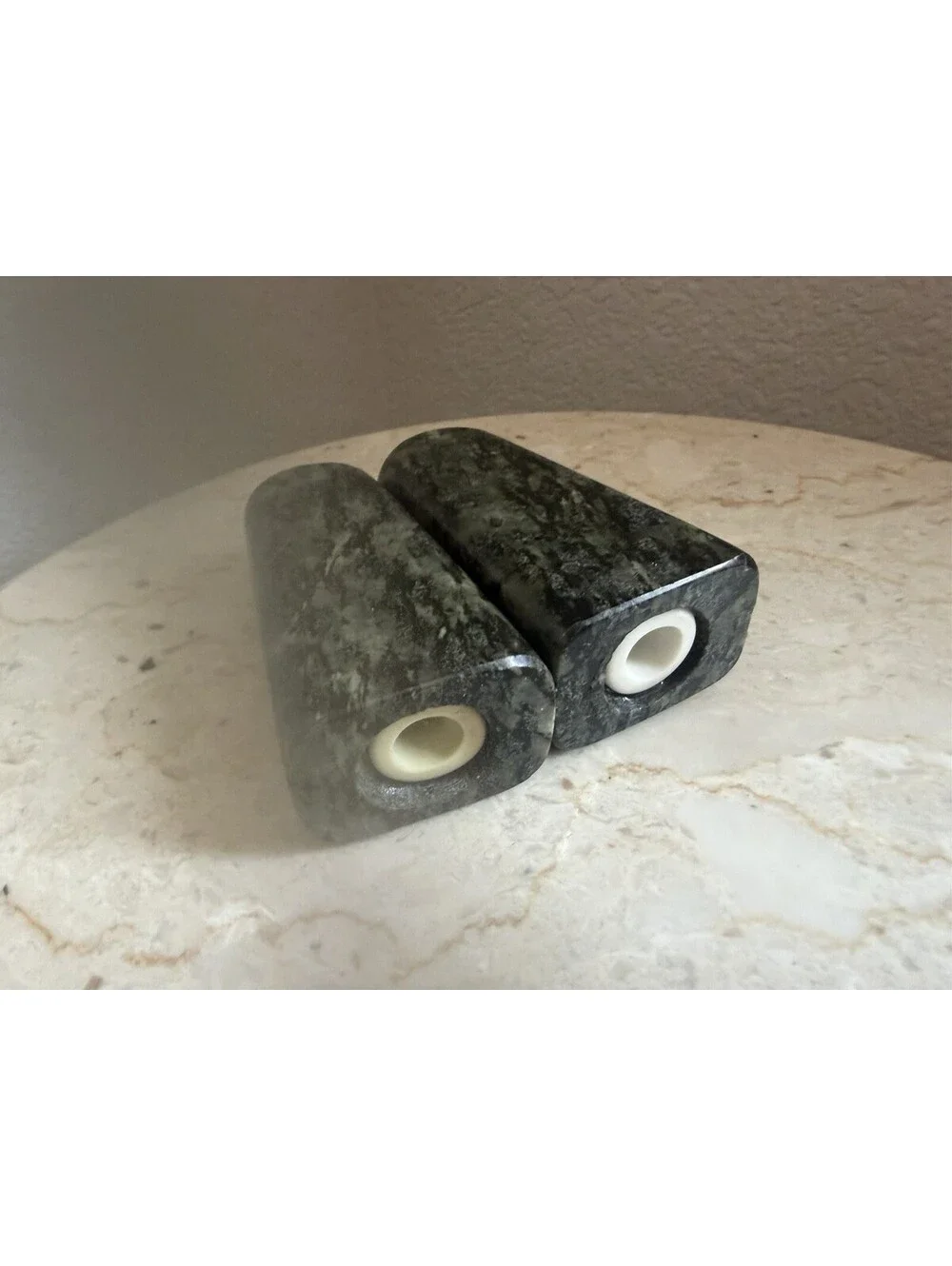 Vintage Deep green Marble Salt & Pepper Shakers with Stoppers Flat EUC